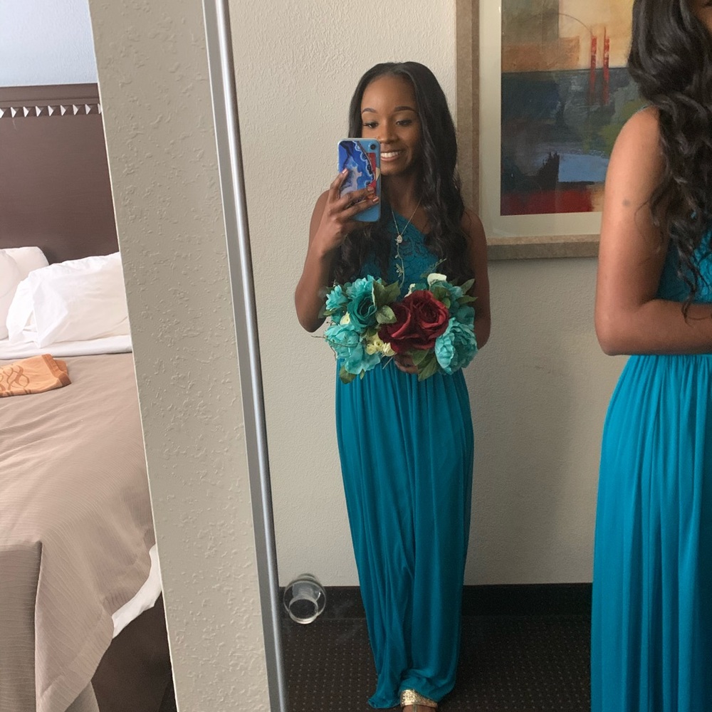 Blue lace bridesmaids dress.